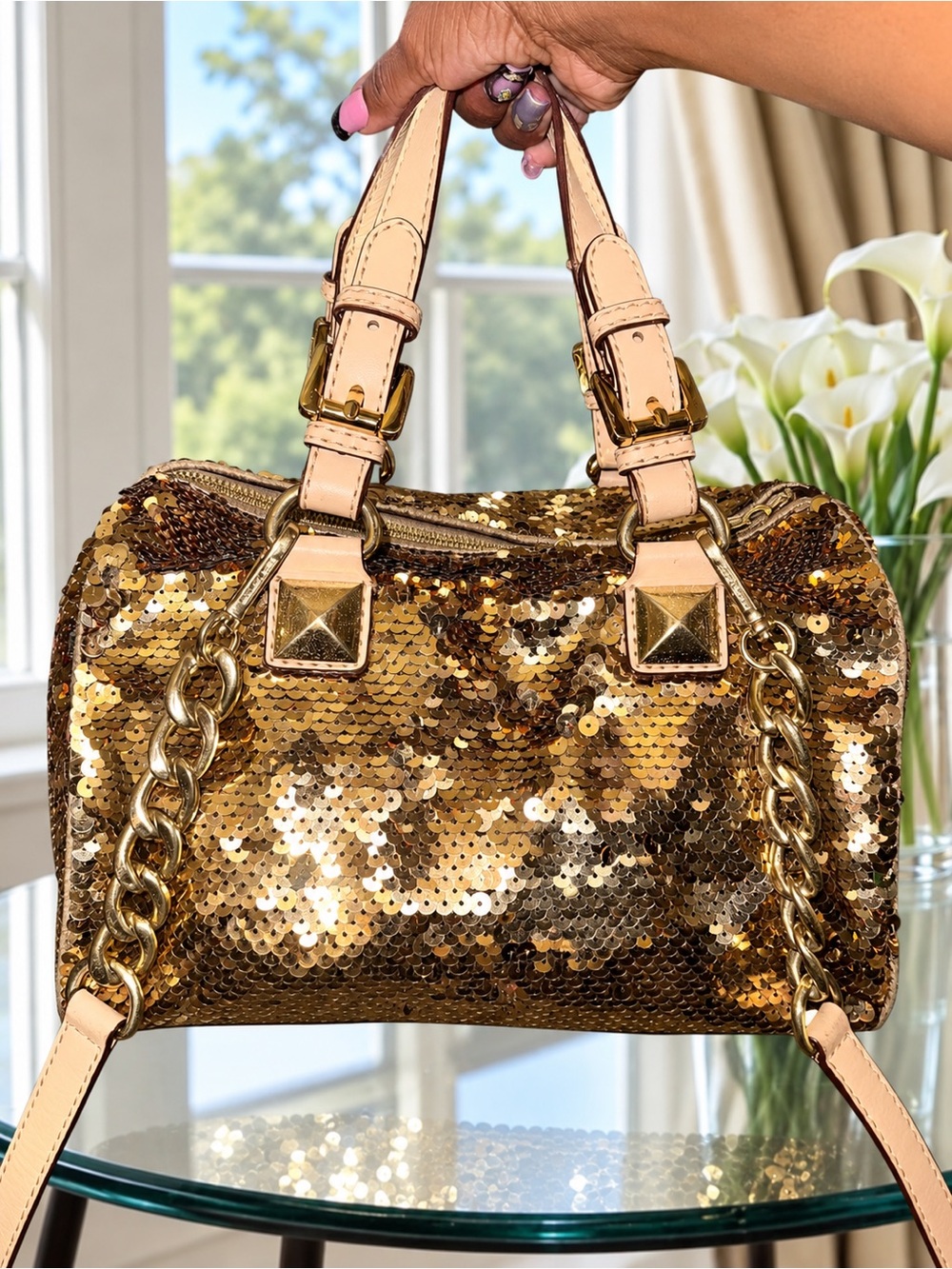 Michael Kors Gold Sequin Grayson Satchel Bag – Glam Metallic Satchel - Picture 2 of 10